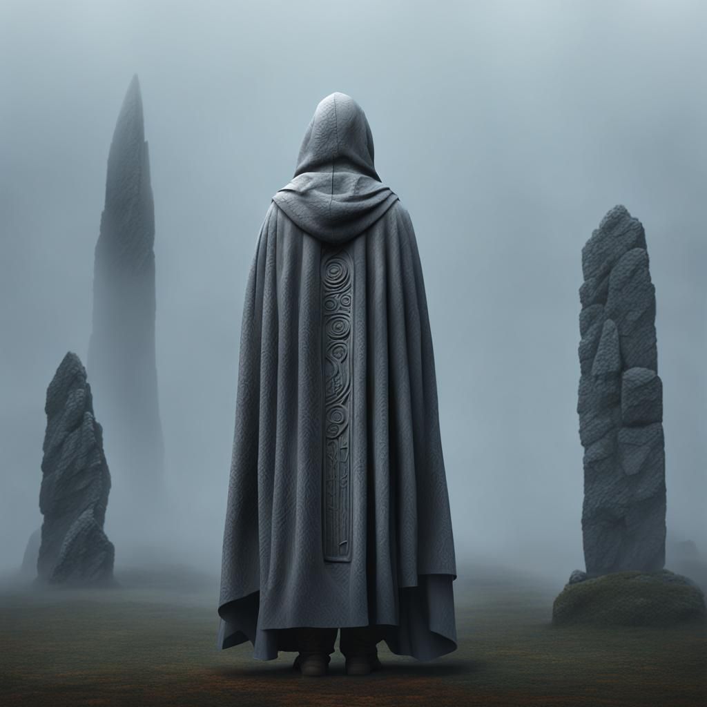 standing stones ogham rune carvings, figure in grey cloak sh...
