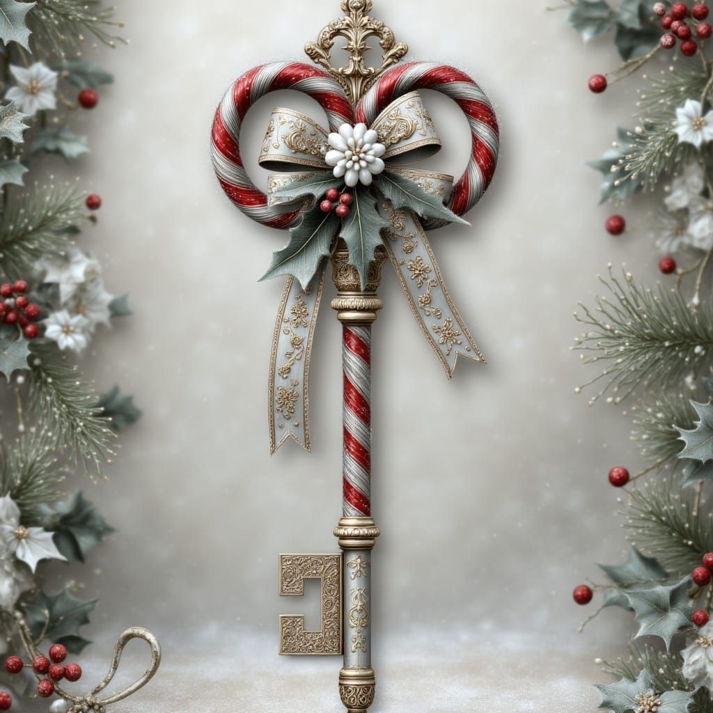 <lora:HOLIDAY MAGIC:1.0> Santa's Magic Key: ornate, long, vintage skeleton key. the bow of the key is a candy cane, an embossed swirl shank...