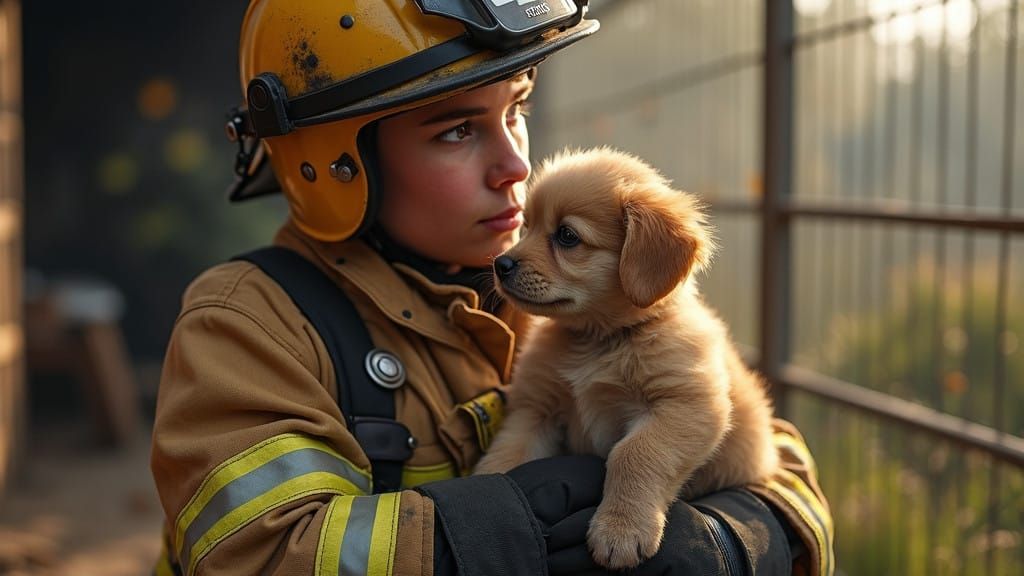 Firefighter Tenderly Cradling a Small Puppy - Strong Woman  by @Textured Color