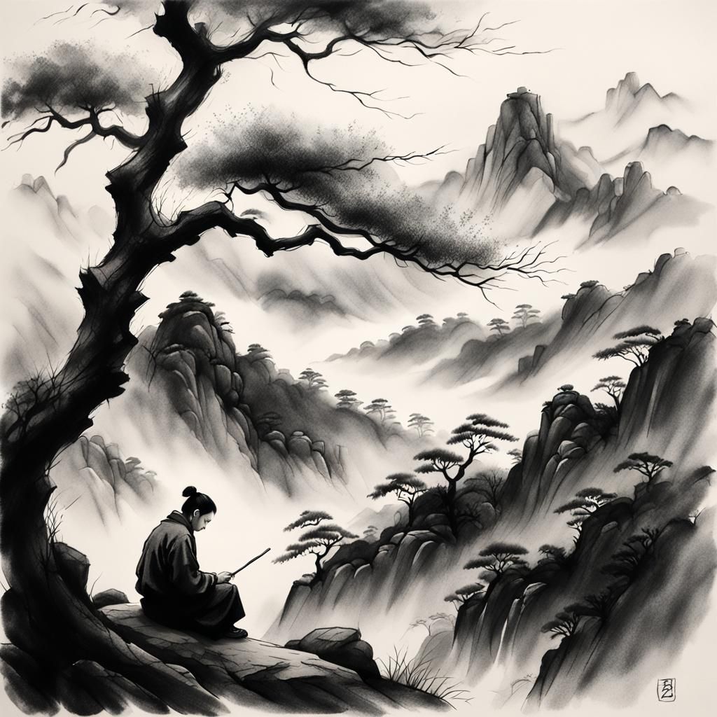 Calligrapher in Misty Mountains: Charcoal Drawing
