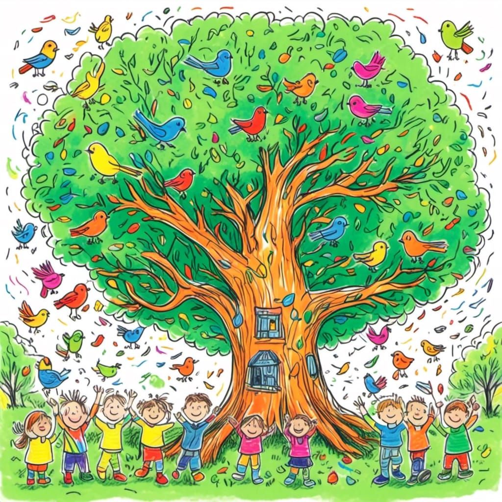 <lora:Childhood Crayon:1.0> A park with a tree that has birds in it