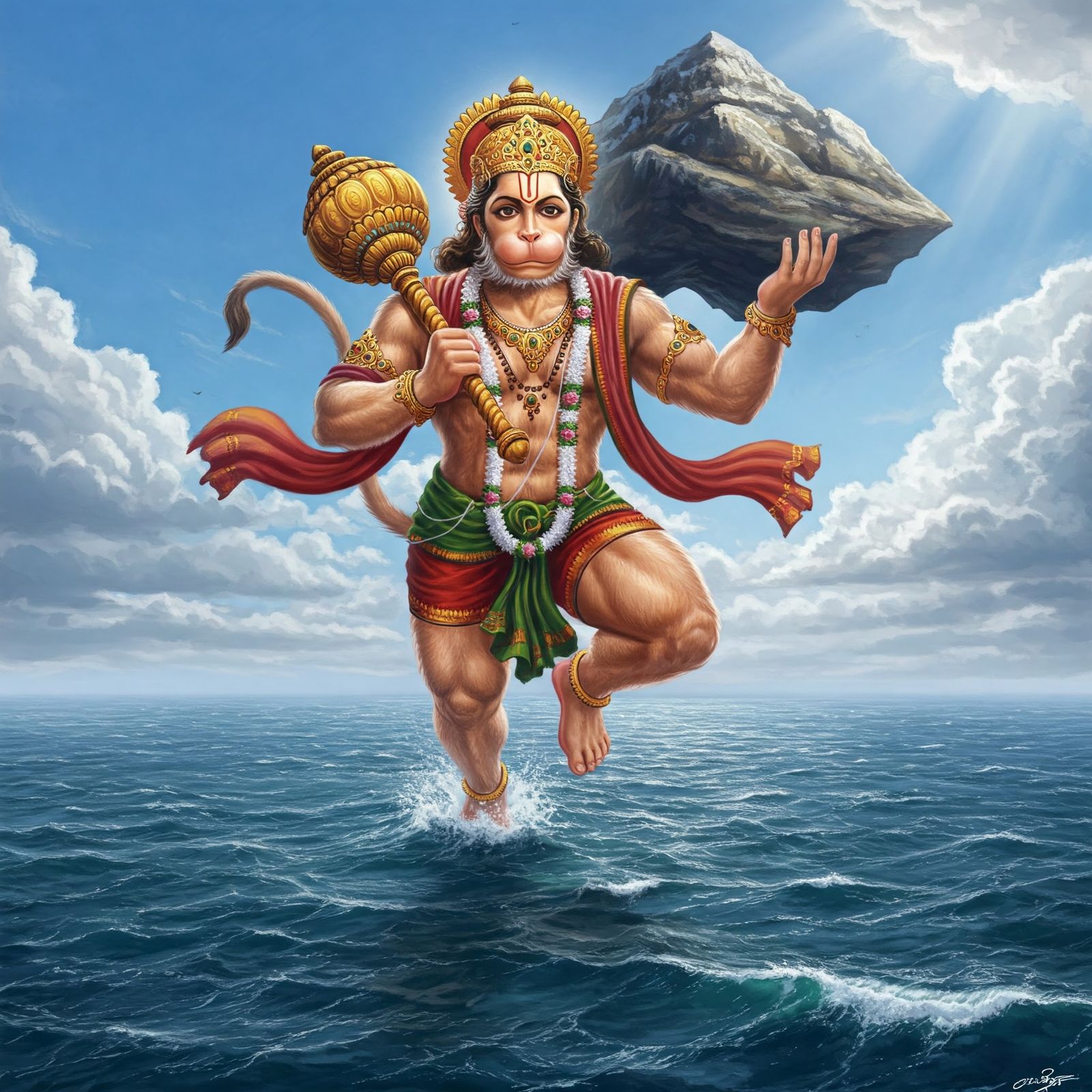 Flying Hanuman Carrying a Mountain