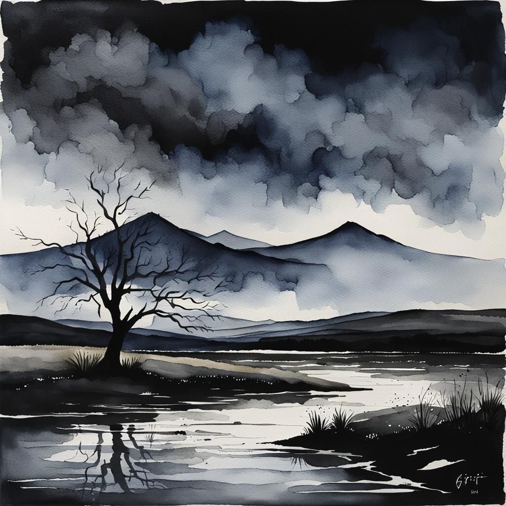 Watercolour of a dark and moody landscape epitomising the em...