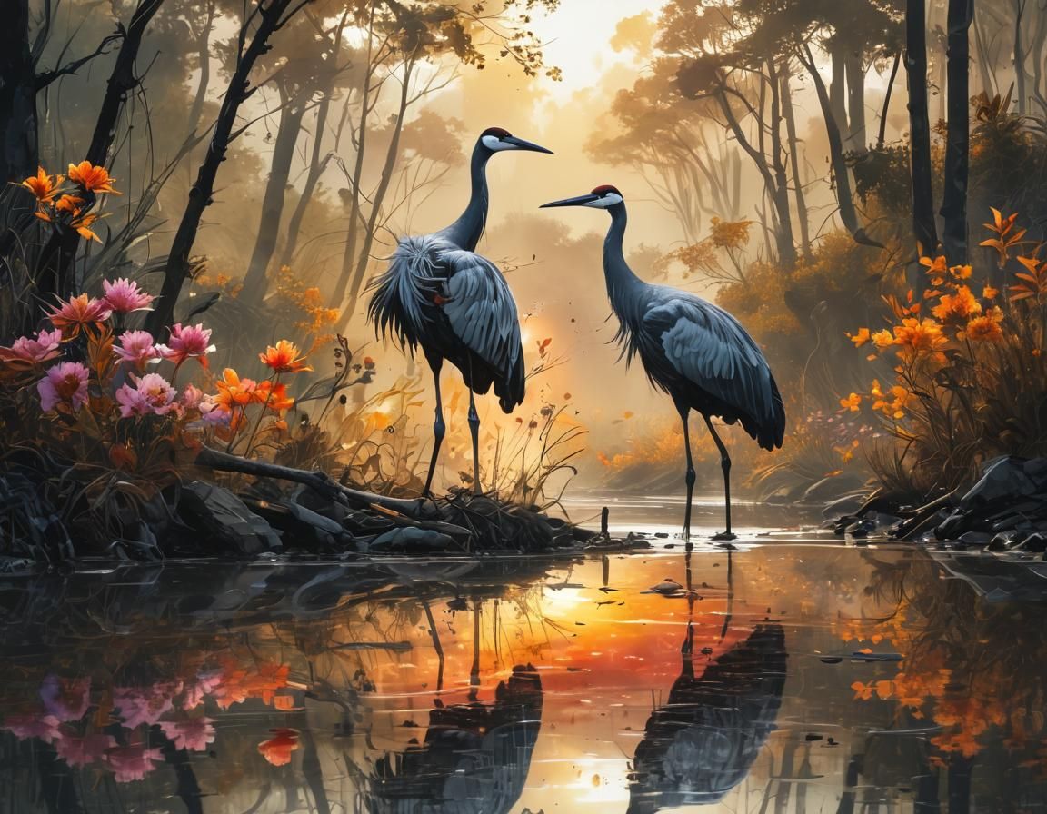 Double exposure slash ink splatter art effects multilayered
A creek, wet on wet, two cranes, on a stake, ...  by @AutumnBear