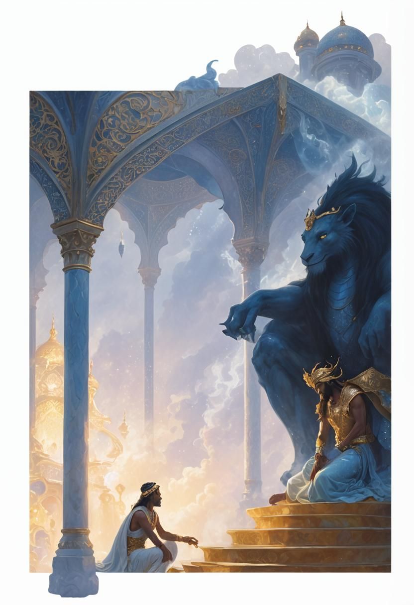 a golden dijnn sitting on a throne. beside him a big blue dijnn is stitting. an arabian dressed princess is kneeling in front of the throne...