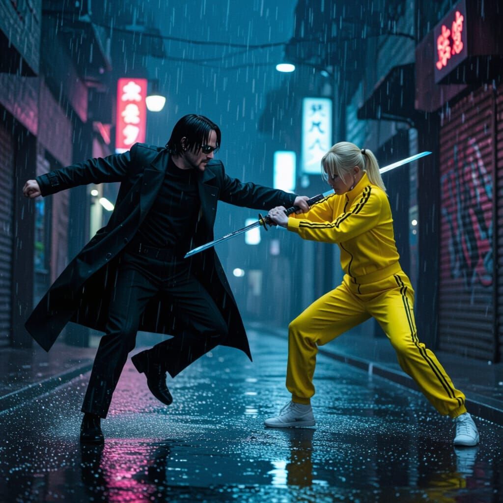 A hyper-realistic, cinematic still frame of Neo from The Matrix fighting Beatrix Kiddo from Kill Bill in a dark, rain-soaked alley at night,...