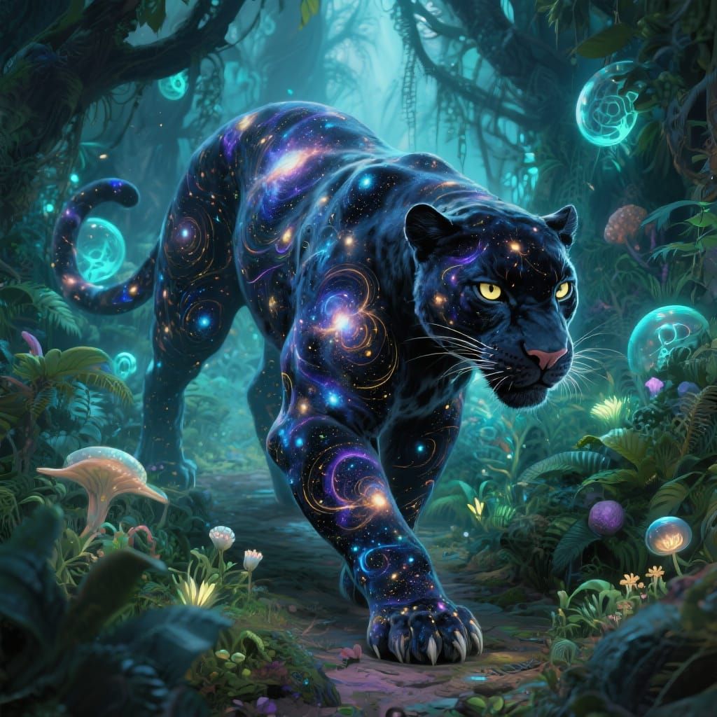 A fierce panther, its fur patterned with swirling galaxies and nebulae, stalks through a dense, bioluminescent ...  by @Shadow
