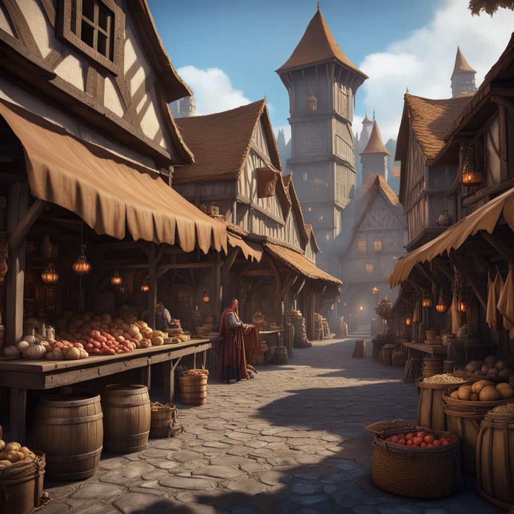 A Fantasy Medieval Marketplace, Wooden Stalls, Baskets, Human Merchants 