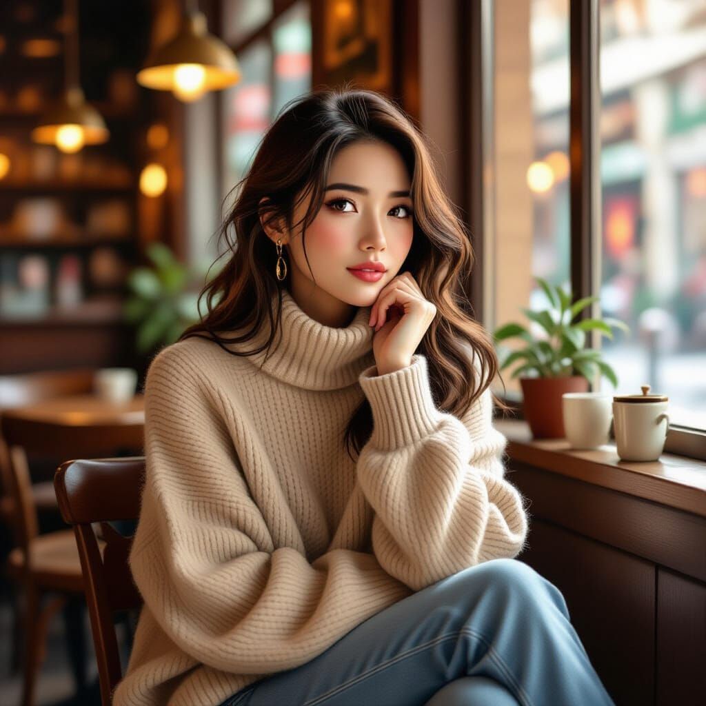 Contemplative Woman in Cafe: Whimsical Art Illustration