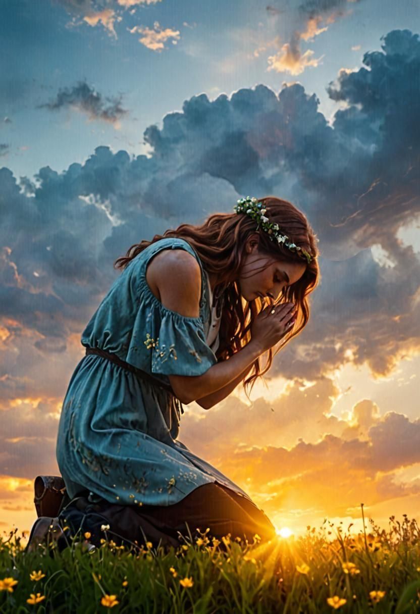 Young woman praying, long, wavey, reddish brown hair, brilli...