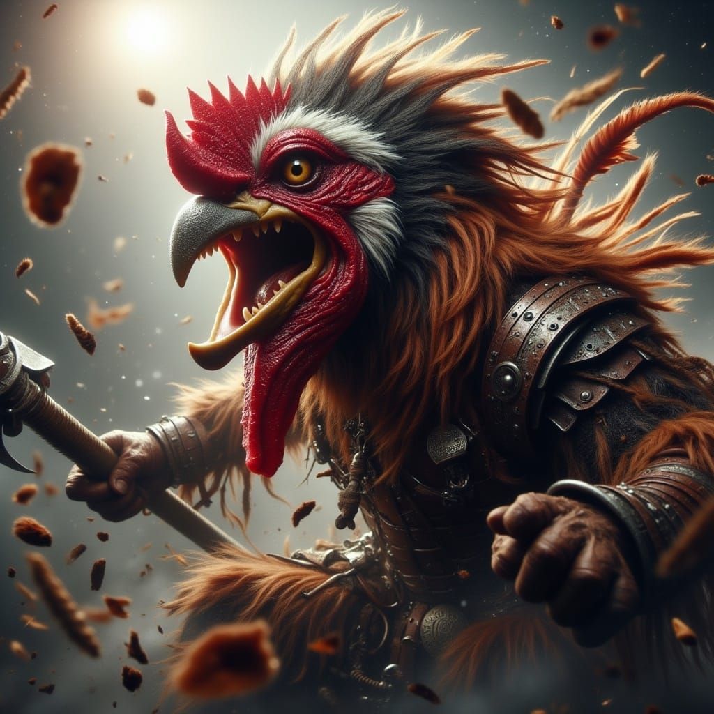  <lora:Battle Animals Flux:1.0> Anthropomorphic Battle Animal Rooster