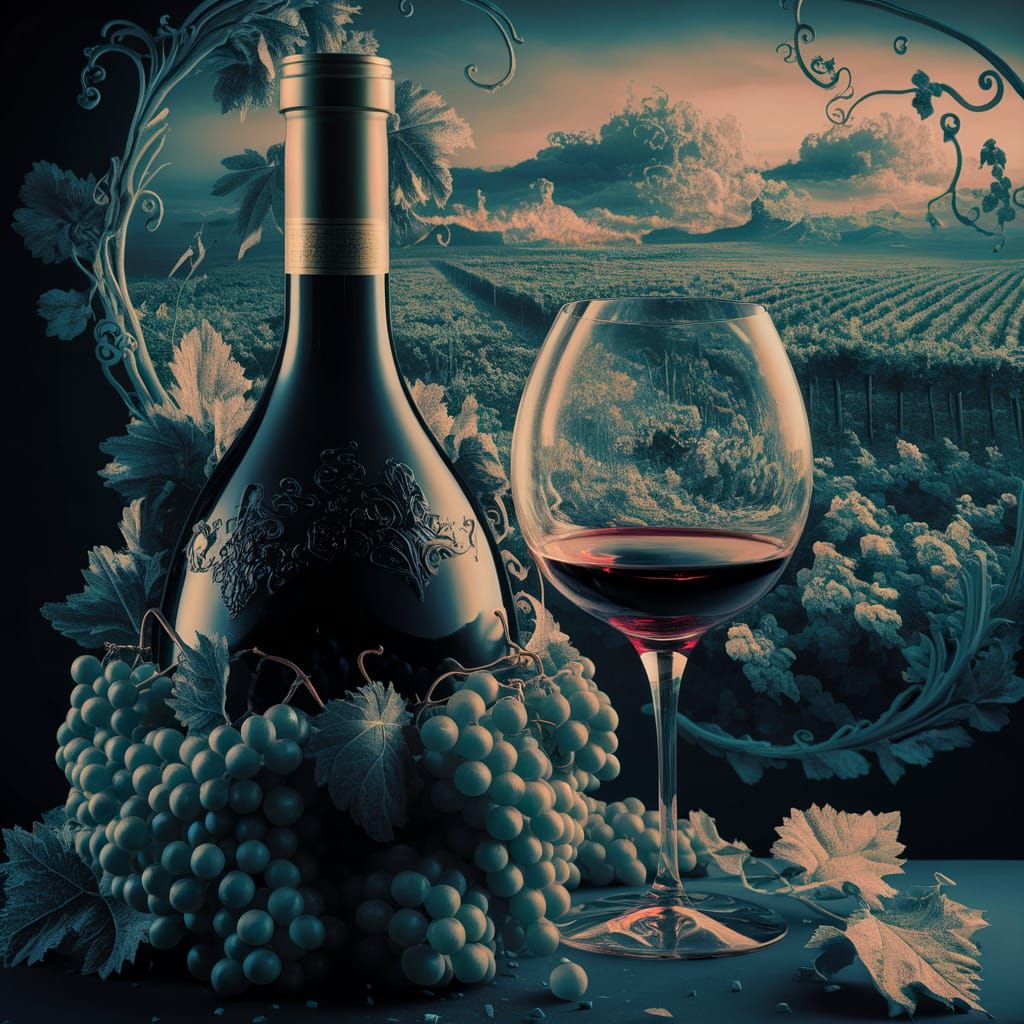 Close up of wine bottle, grapes around bottom of bottle, win...