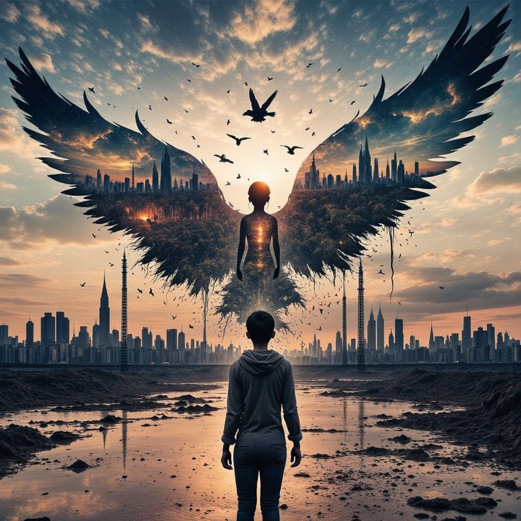 Double Exposure Masterpiece: Falling Cityscape Meets Avian A...