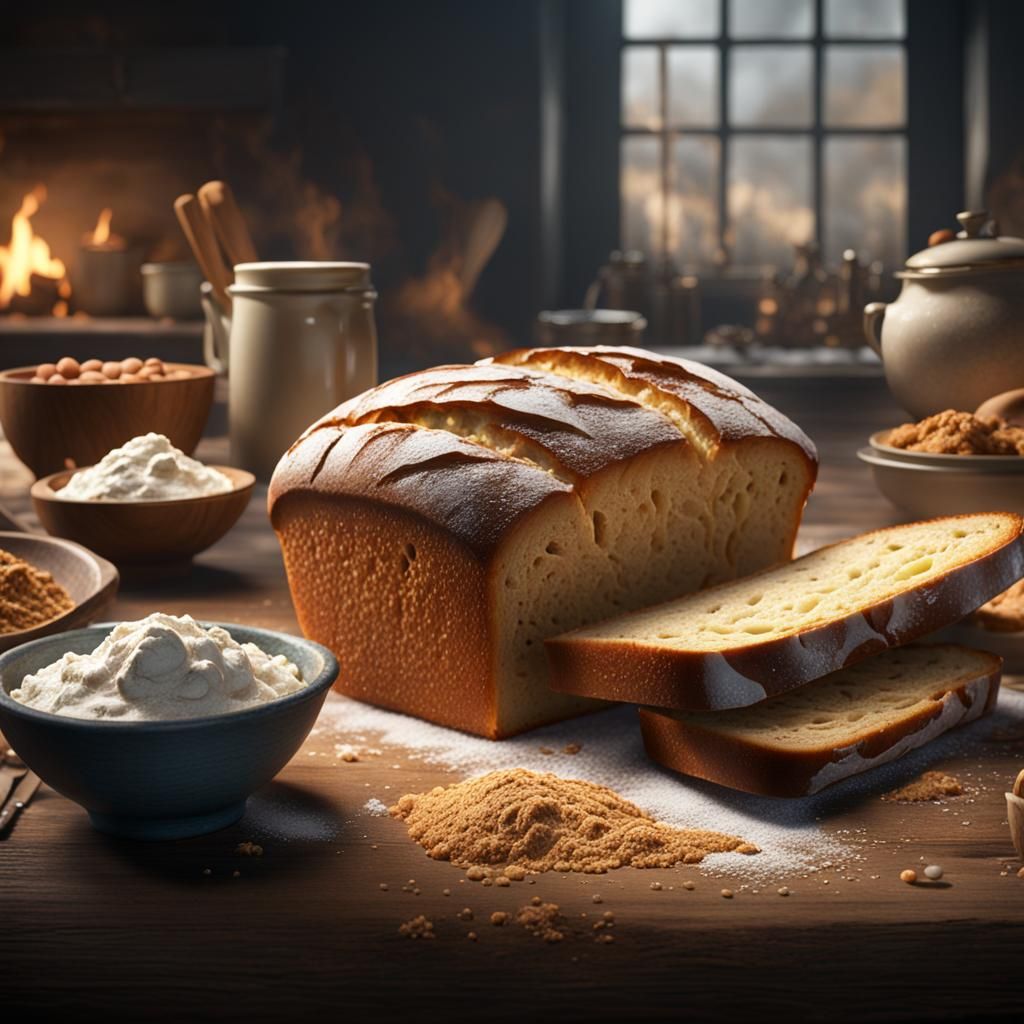 Tasty Bread loaf. On the kitchen table. Flour spread all aro...