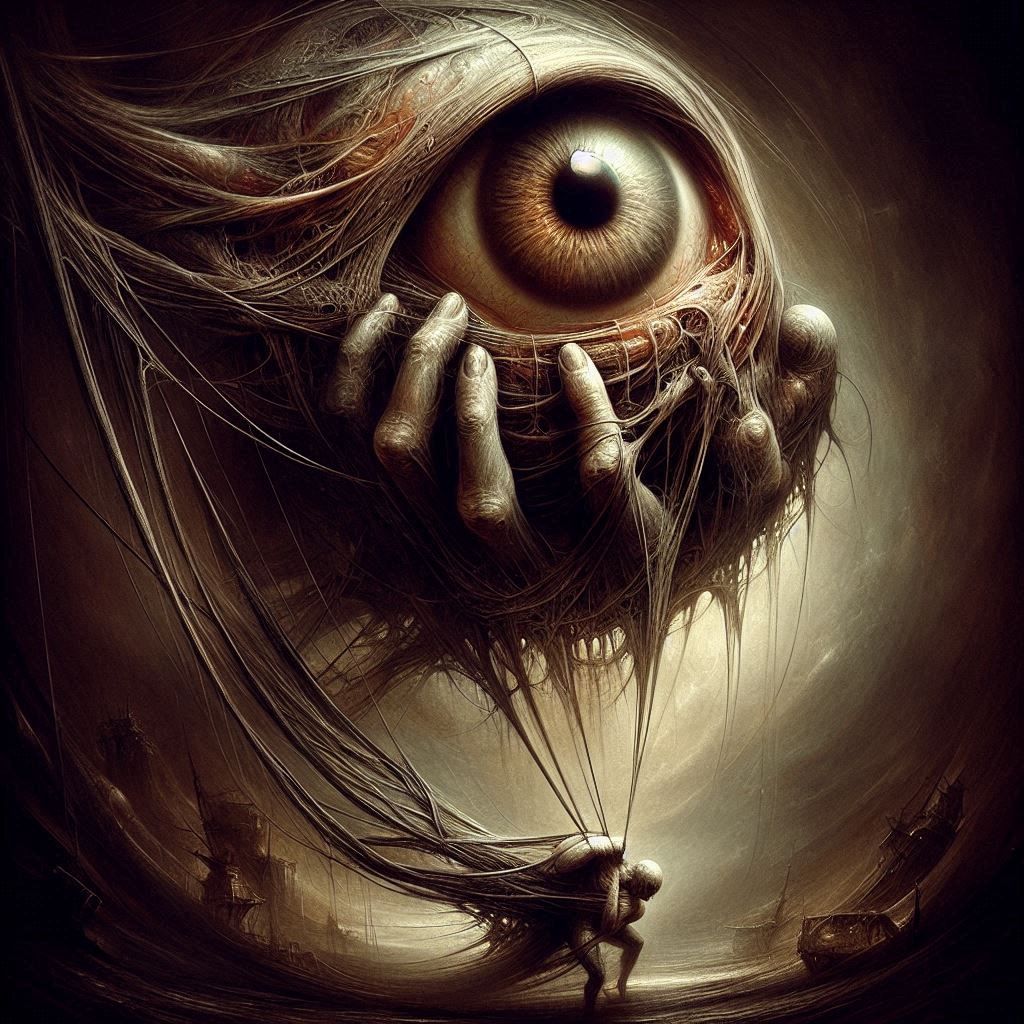 An eye that sways, detached, afloat, on a thread that pulls, yet does not choke. A tether tight, yet strangely free, sca...