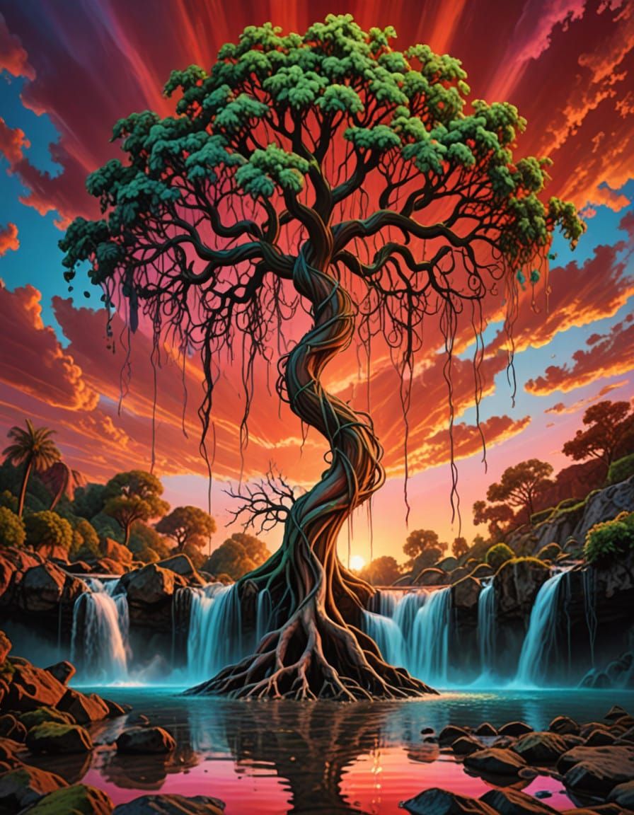 psychedelic tree flipped upside down falling on knot with its roots ...