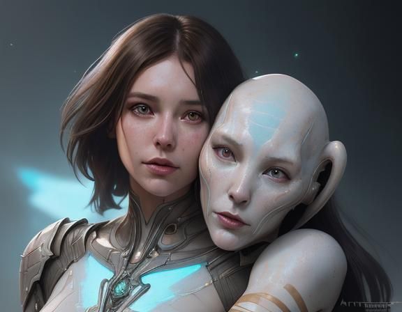 beauty brunette and white skinned alien lady hug