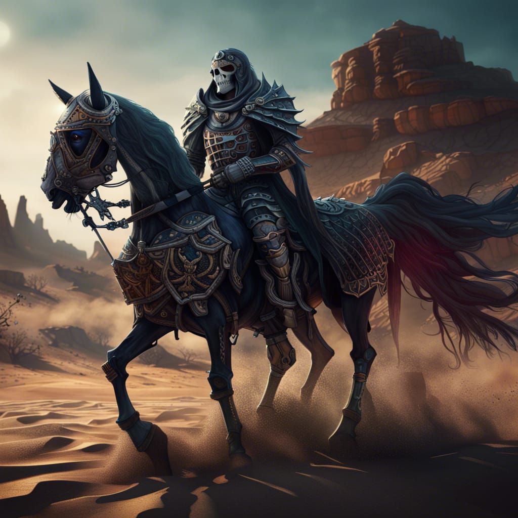 undead skeleton paladin in Armour on a black horse in the desert - AI ...