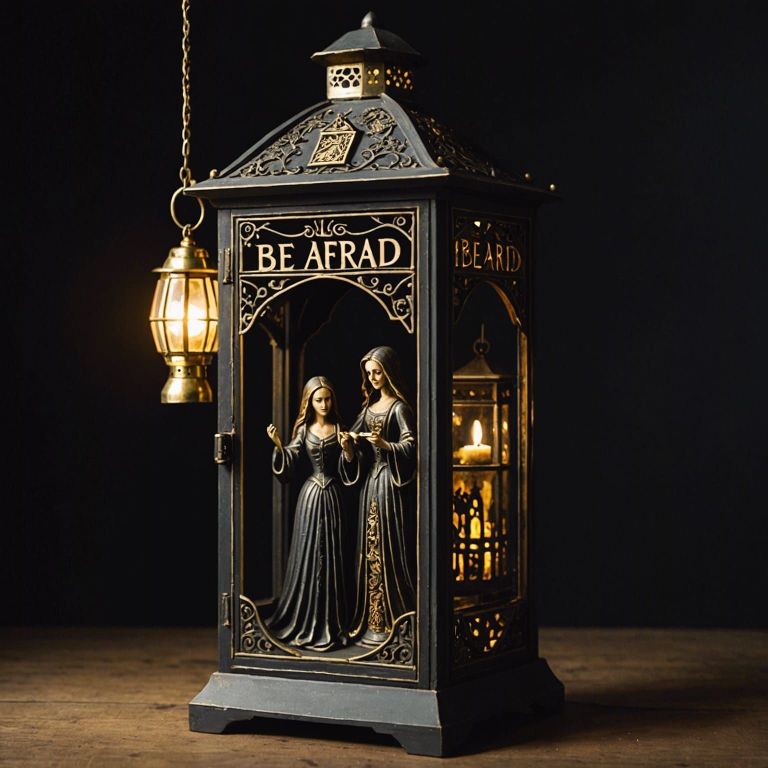 A lantern-like structure with a dark, vintage appearance. The top of the lantern has the words 'BE AFRAID' ...  by @NUTMEG