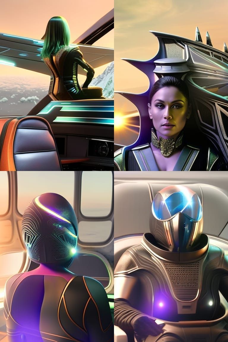 Women wearing an glowing alien skinsuit, sitting in the capt...