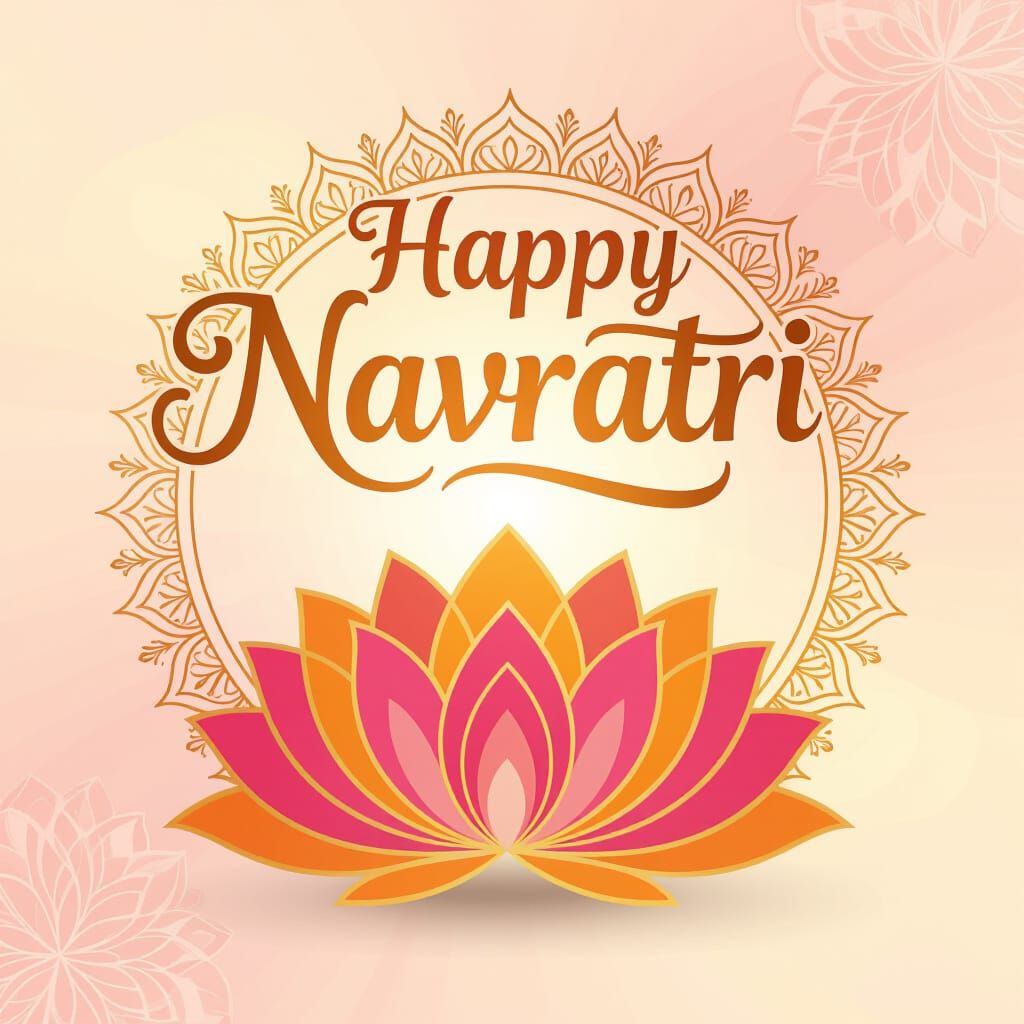 A logo design featuring the text"Happy Navratri" in an elegant, flowing golden font centered above a stylized lotus flower with vibrant pink...