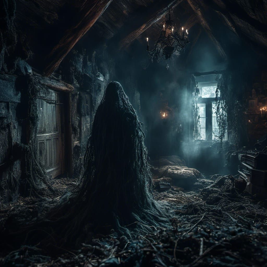 <lora:MJ6 Nightmare:1.0> an unsettling portrayal of a spectral entity watching from the darkness of an attic, hyperrealistic, photorealistic...