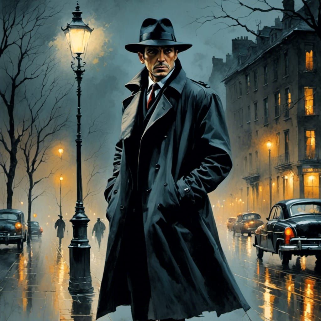 <lora:MMM:1.0> A photo realistic film still of a man in a black trench coat and hat at night, misty foggy ominous atmosphere, blurry street...