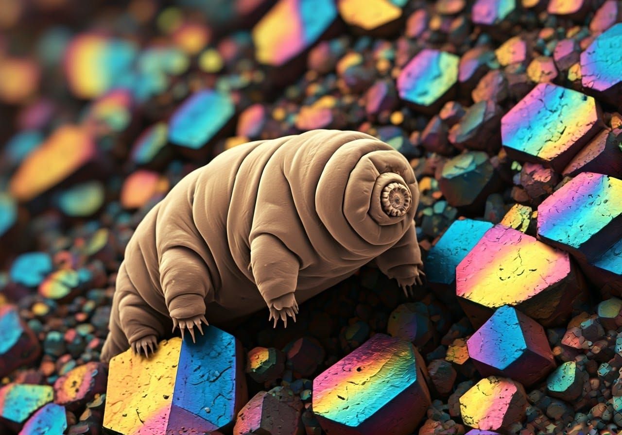 A tardigrade wanders along a sandy beach.