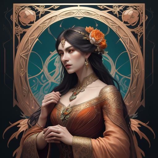 פרח מלבב זהב לבן בולט עם אדום עדין וסגול על רקע שילוב זהב וכסף עבים בולטים בהיר בתוך תמונה על השידה האדומה עם כחול ים בש...