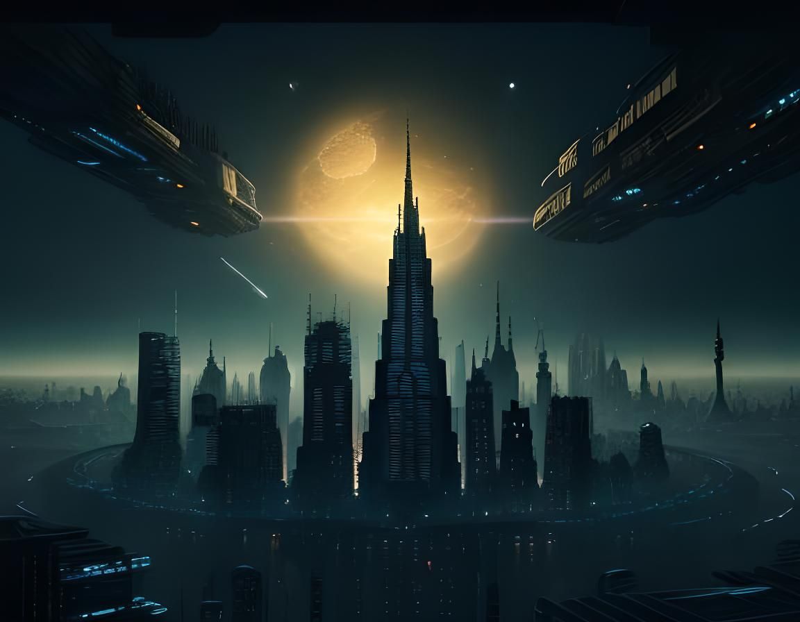 panorama of a city ​​silhouette, with humanoid intricate mec...