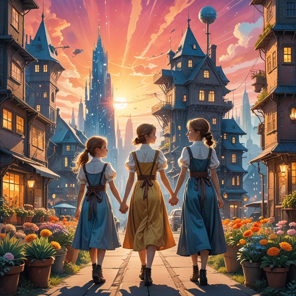 Cyberpunk Amish Girls in Solarpunk City Watercolor