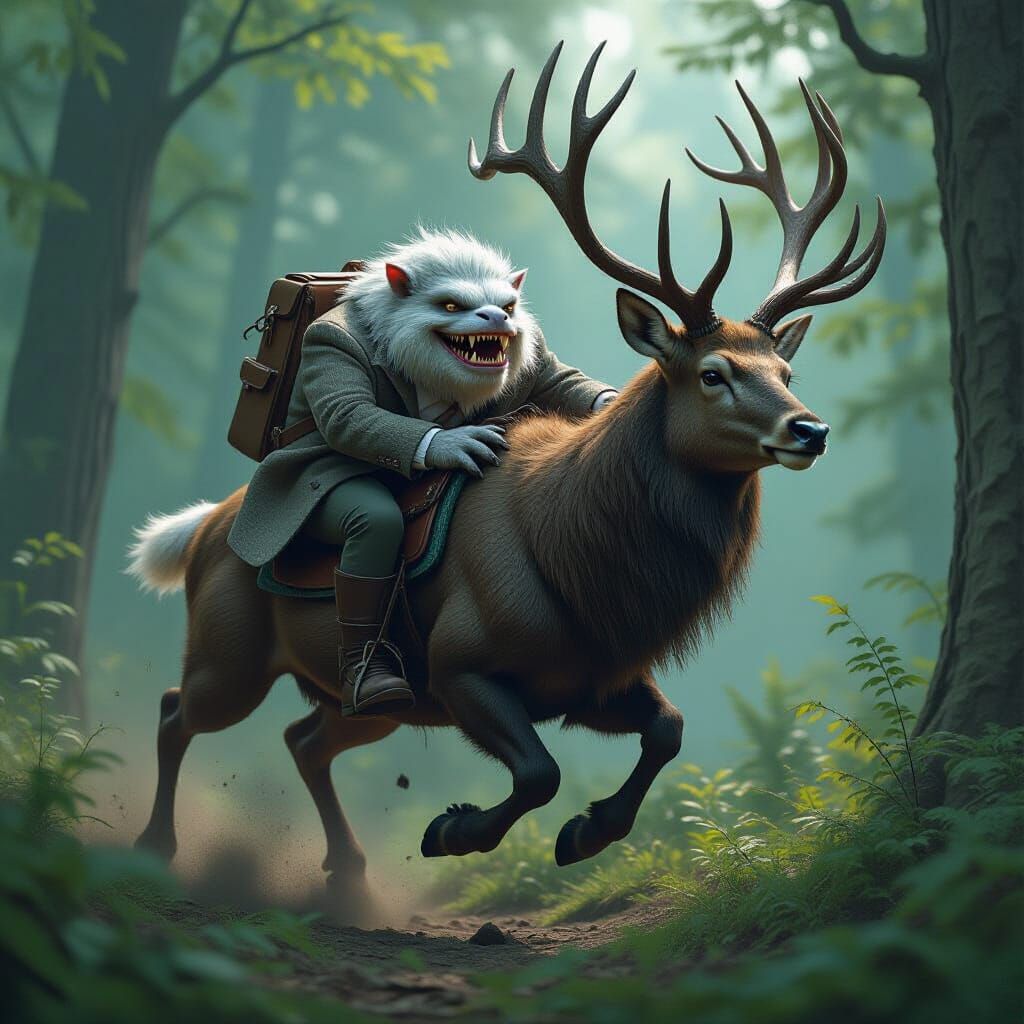 A scared elderly grey furred Wumpus monster (with sharp teeth and claws) wearing a smart tweed jacket, clings on to the back of magnificent ...