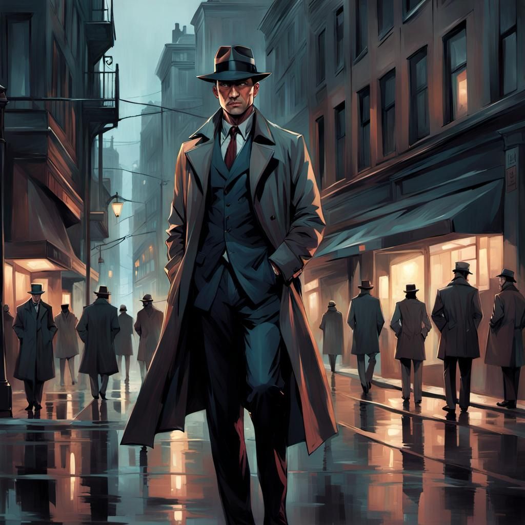 unhappy detective solving crimes in noir-style city streets - AI ...