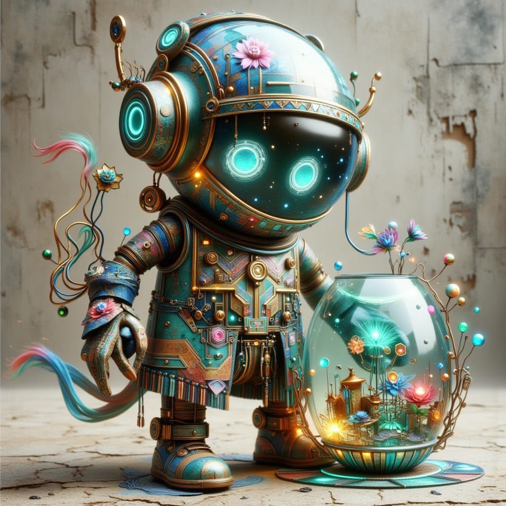 <lora:Neon Bohemia:1.0> Cute robot holding a fishbowl