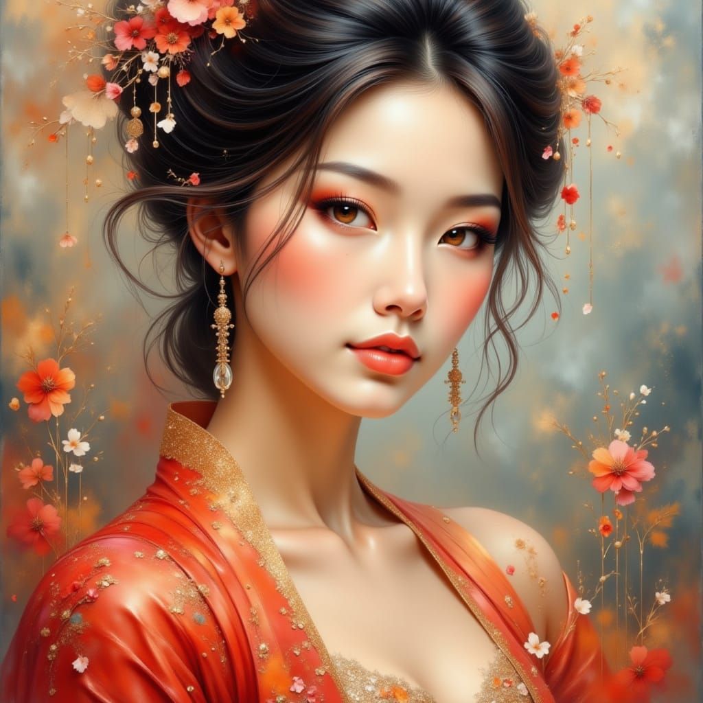 Elegant Han Dynasty Lady with Golden Eyes in Oil Painting St...