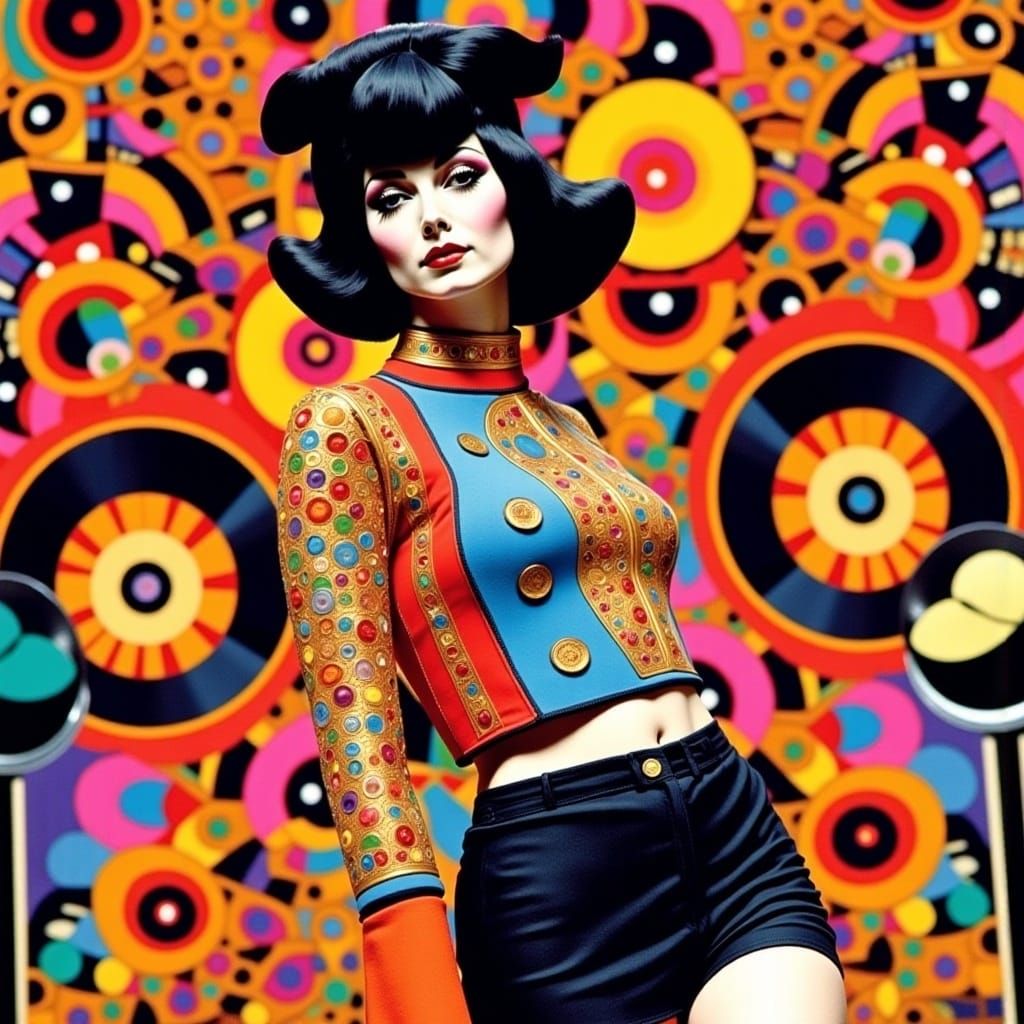 Mod Peggy Moffitt Twiggy 1960s fashion model photography mini skirts and gogo boots, groovy psychedelic kaleidoscope background autochrome <...