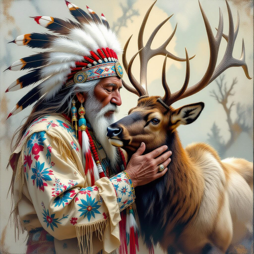An  old American Comanche Indian chief is showing affection to a Elk