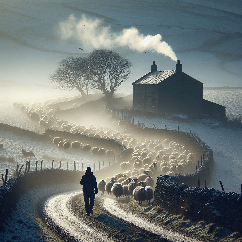 Pastor caminando por un sendero con sus ovejas