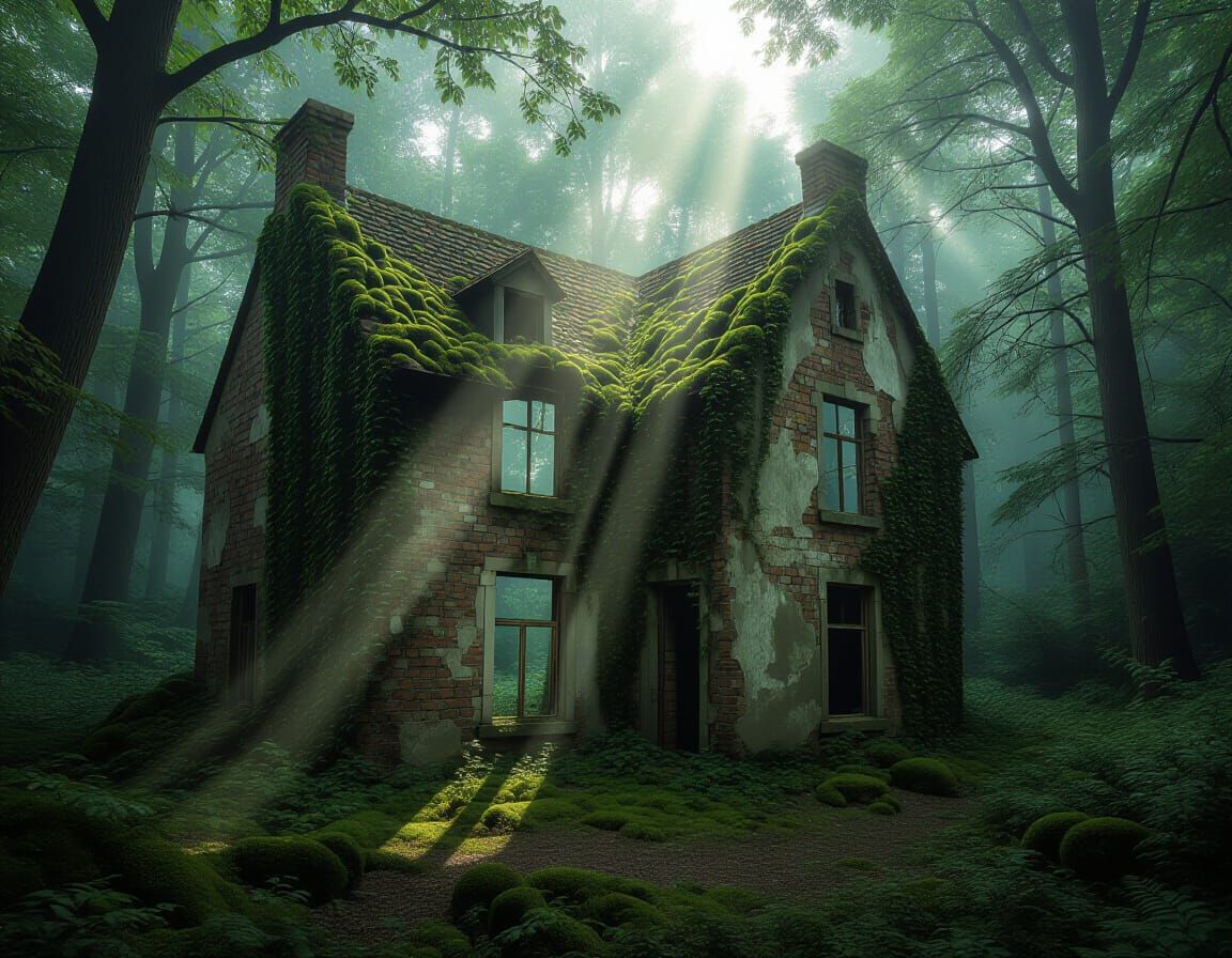 Sunken House in Overgrown Nature, Hyperrealistic Style