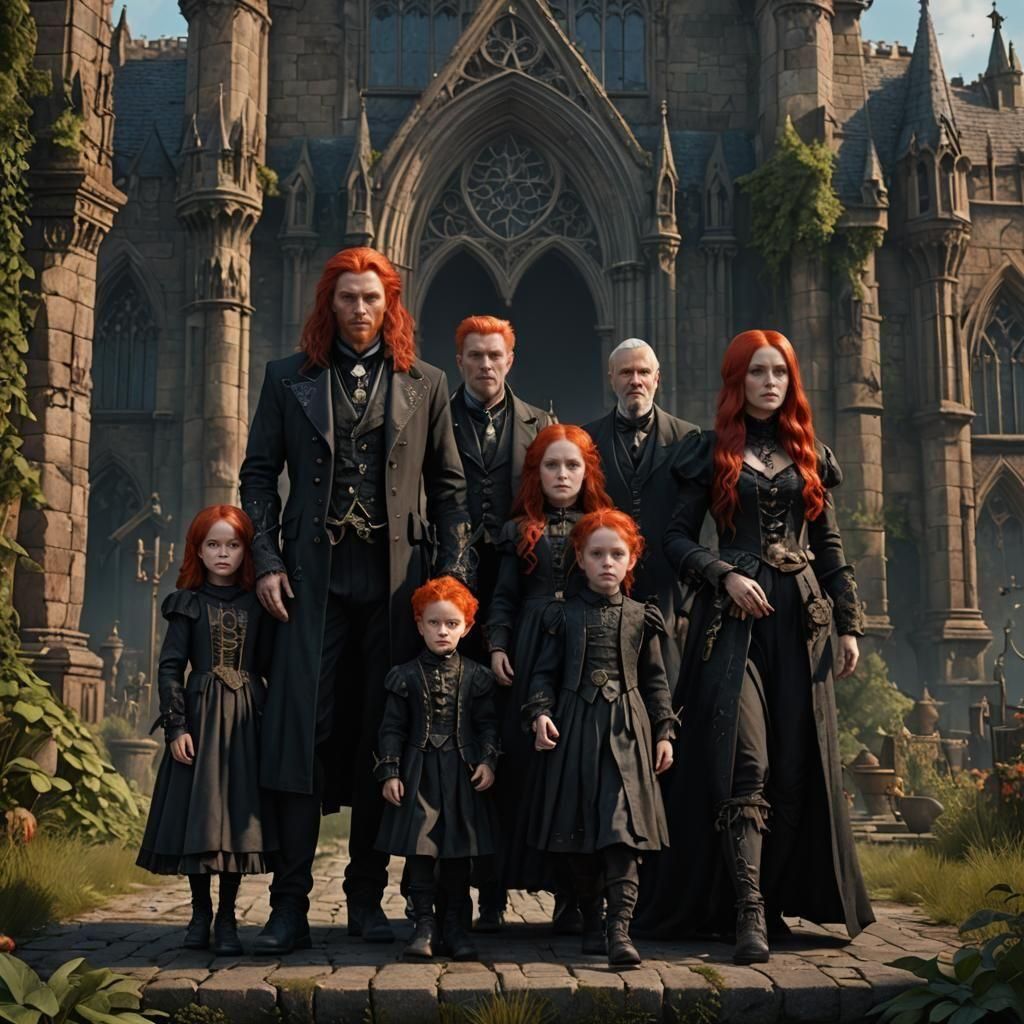 Red-haired Gothic family, four generations, ultra realistic,...