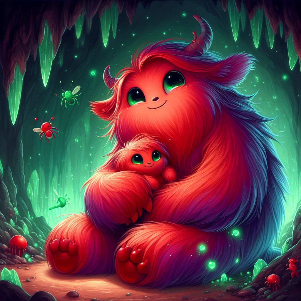 Mother Monster and Baby in Bioluminescent Crystal Cave