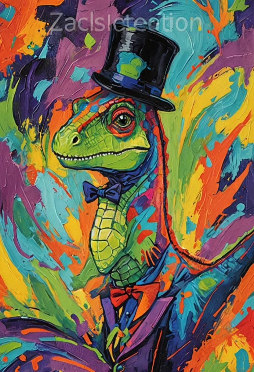 Fauvist Dinosaur Portrait with Top Hat