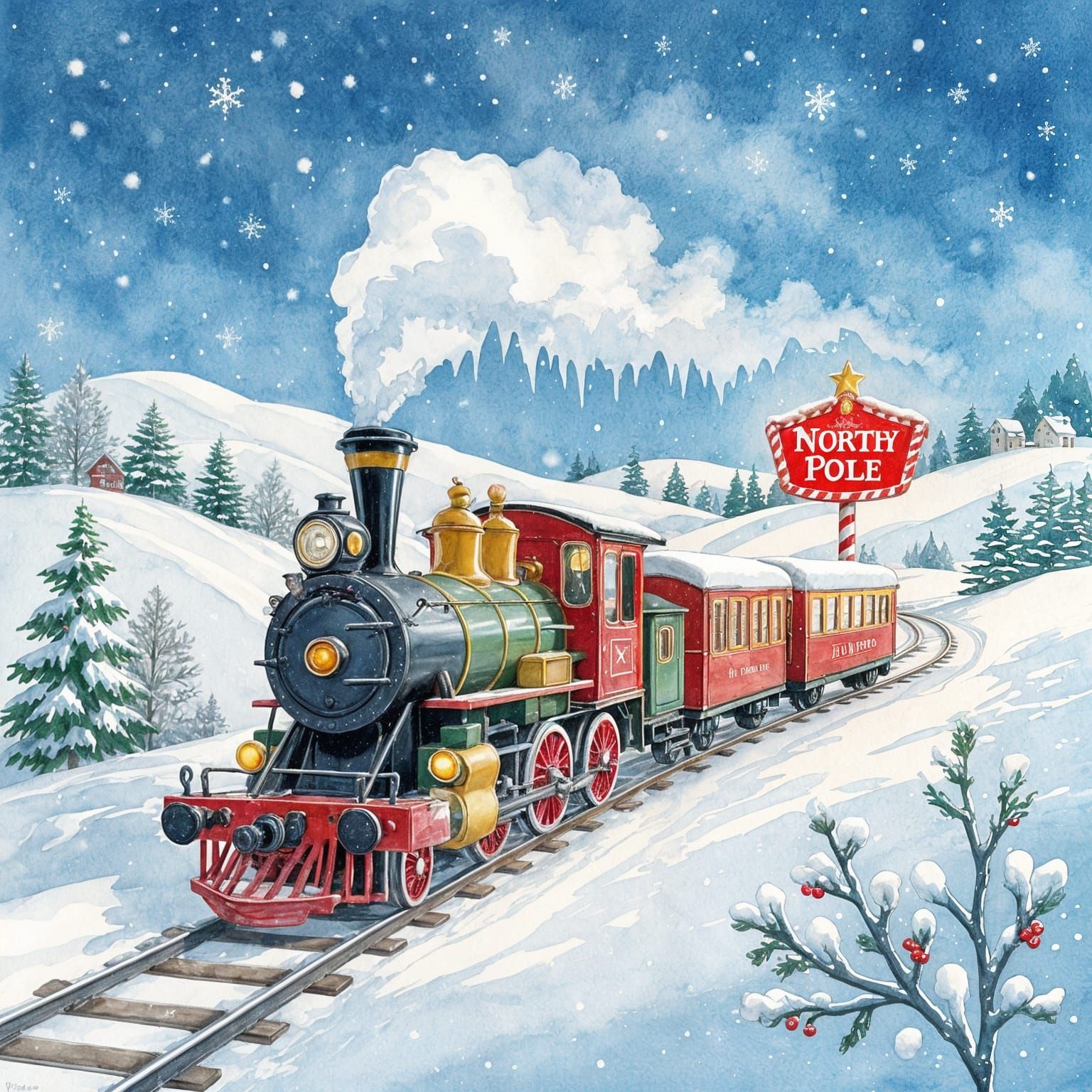 A whimsical watercolor painting of a toy train, decorated with festive winter elements, chugging merrily across a landscape of rolling snowd...