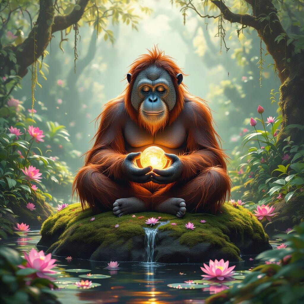 Meditating Orangutan in Surreal Dreamy Grove