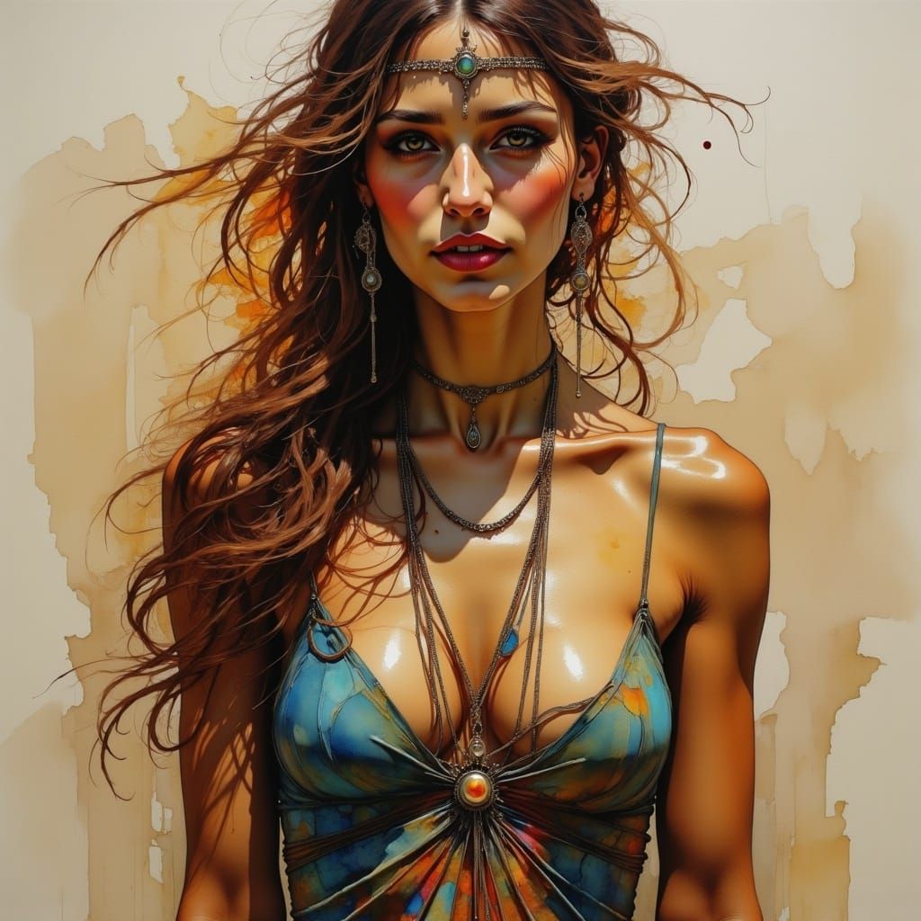 Extreme Closeup gorgeous gypsy woman, half smile, Distorted Unbalanced Reality, Wadim Kashin, Willem Haenraets, beautiful, athletic woman <l...