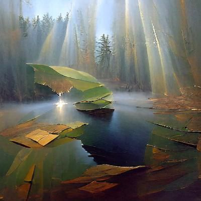 Rays of sun shine through the early-morning forest surroundi...