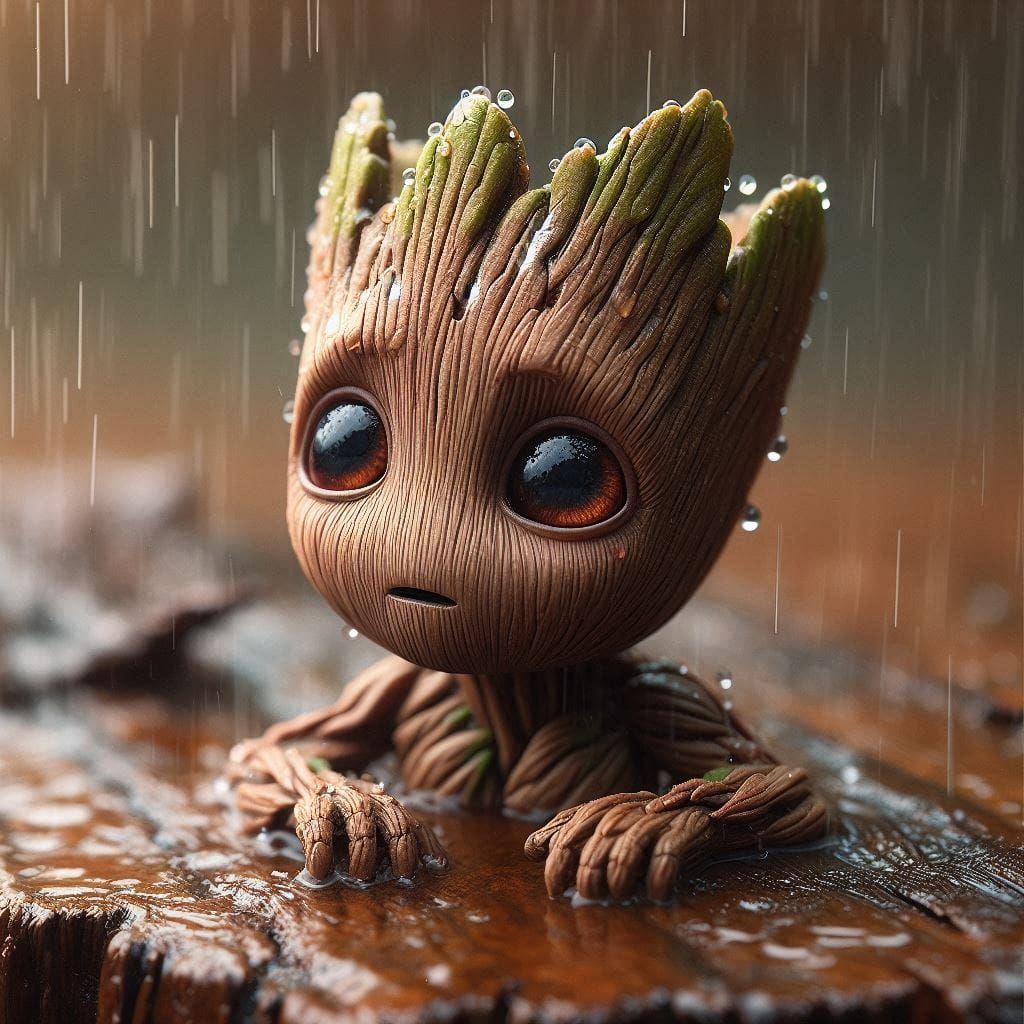 Малыш Грут играет под дождем