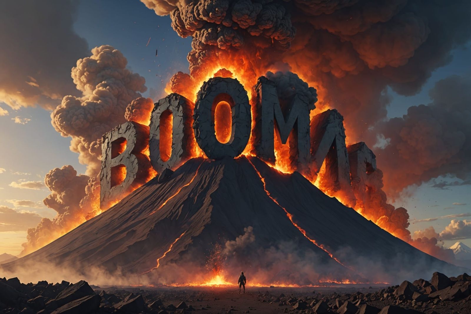 The word "Boom!" spelled out in thick smoke billowing from an erupting volcano  by @Ipgorn