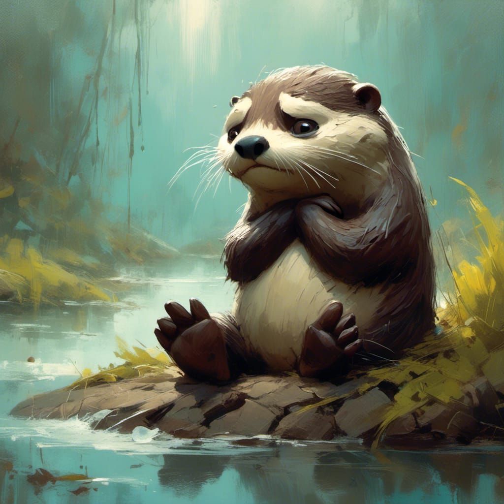 <lora:Express Yourself:1.0>A sad crying otter. river setting. detailed. Brian Mashburn, Skottie young
