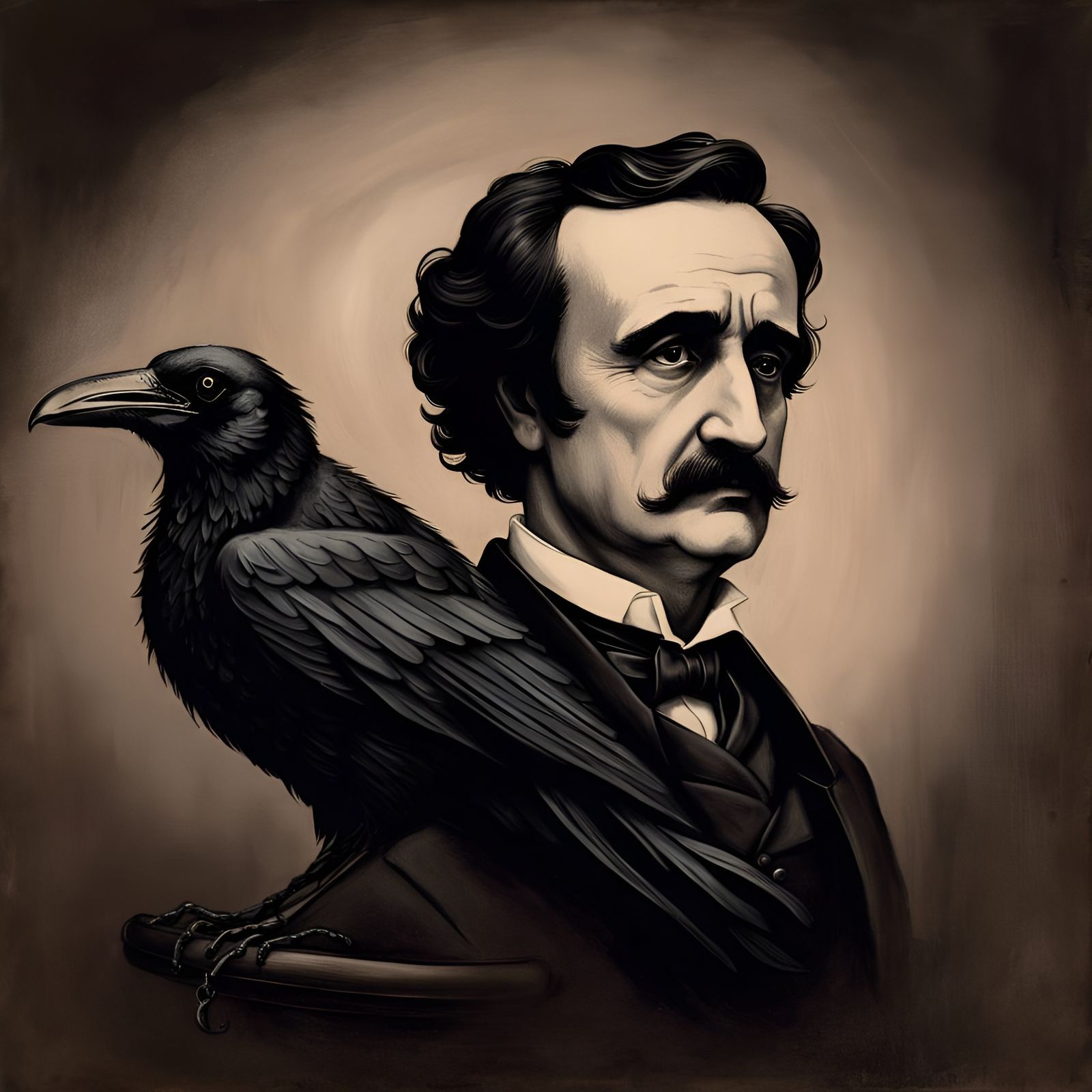 Edgar Allan Poe & Raven (charcoal portrait) AI Generated Artwork